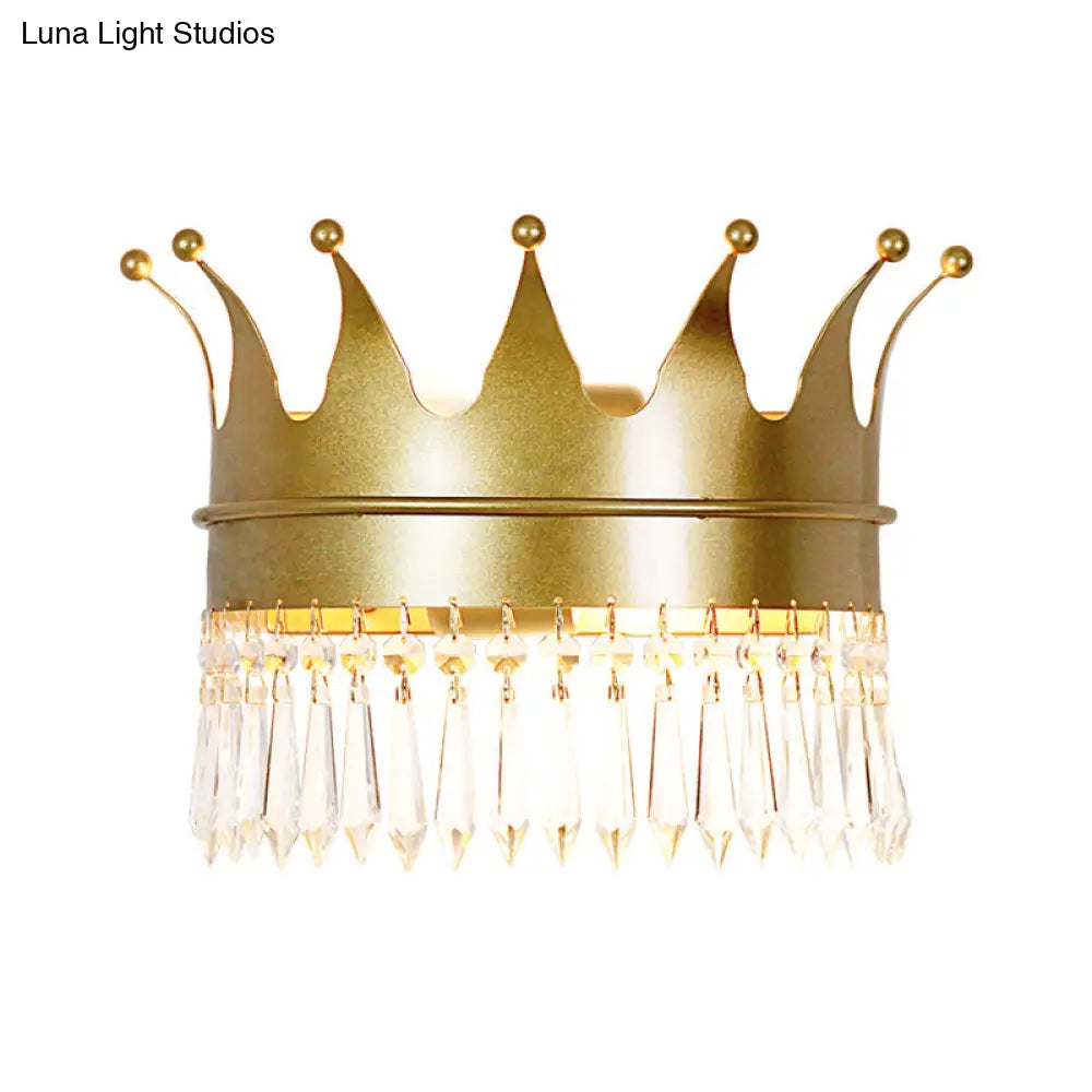 Retro Metallic 1-Head Crown Wall Sconce With Crystal Accent In Gold