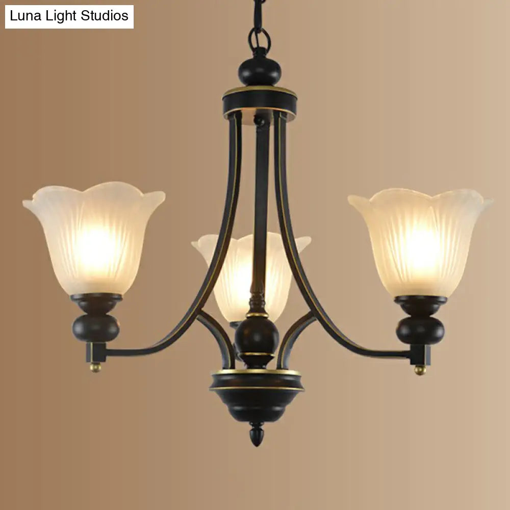 Retro Opal Glass Flower Chandelier In Black | Pendant Light Fixture For Living Room