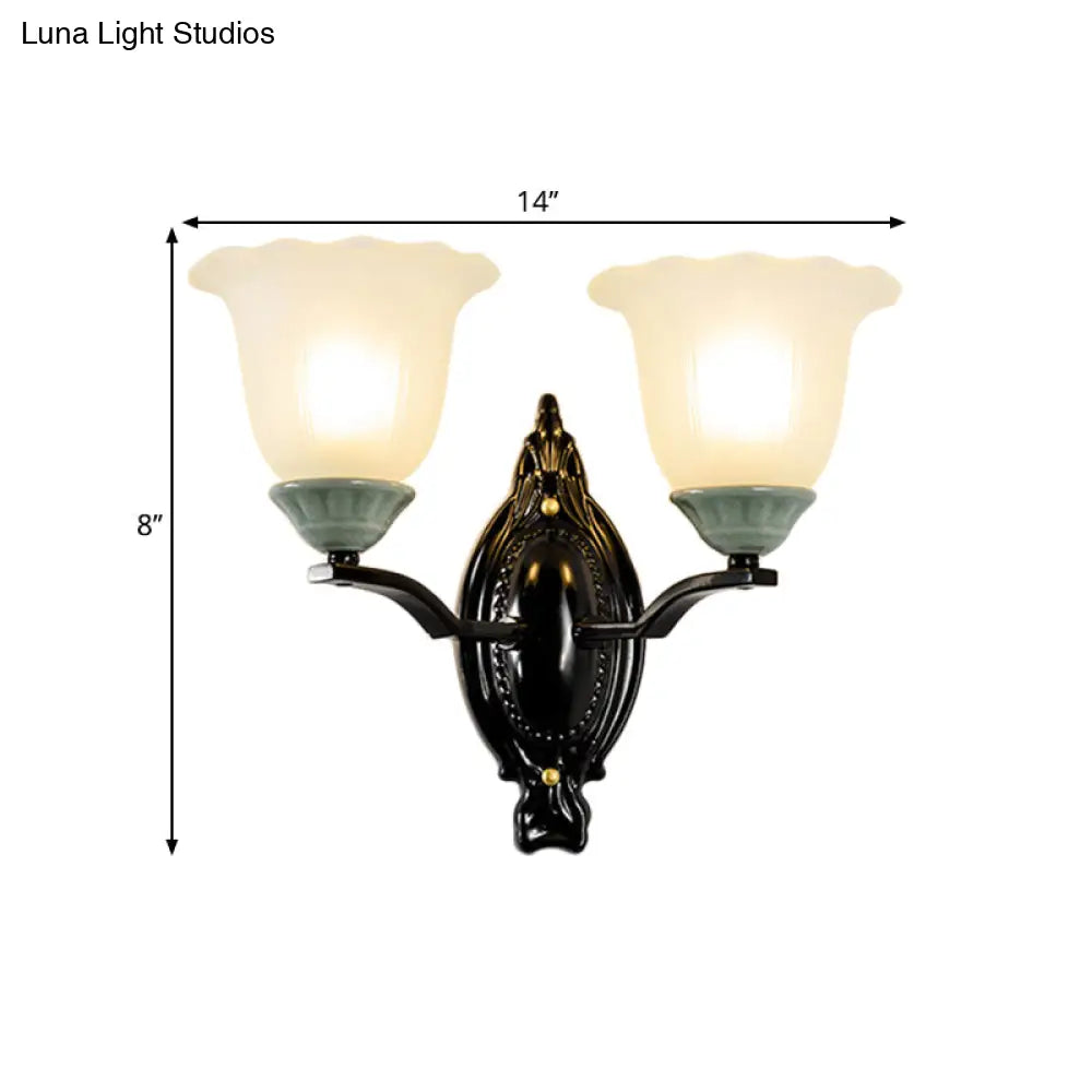 Retro Style Bedroom Wall Mount Lighting - 1/2-Light Sconce With Scalloped Bell Frosted Glass Shade