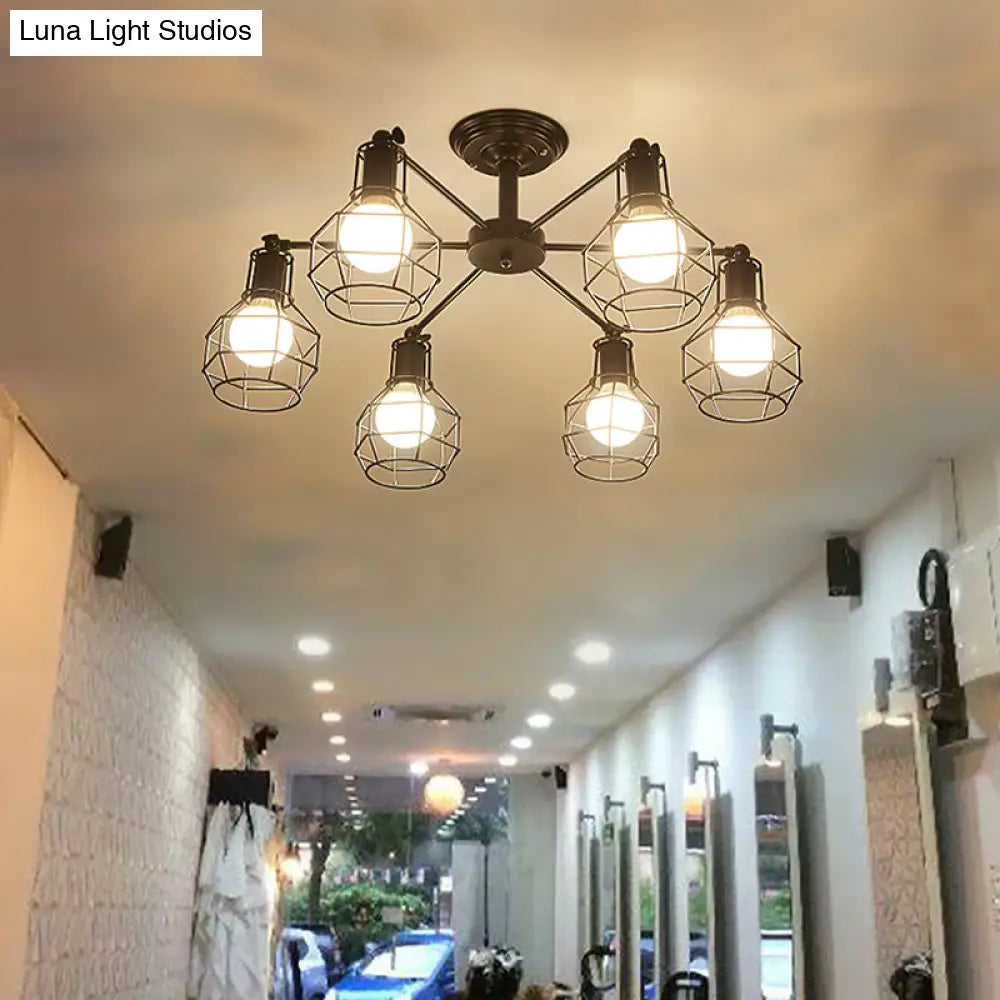 Retro Style Black Metal Semi Flush Pendant Light With Global Cage Shade For Living Room - 6/8