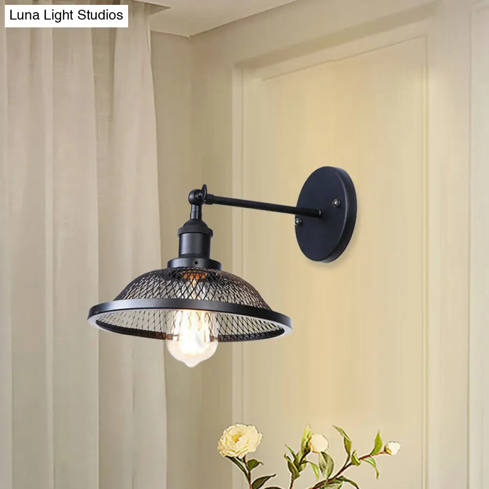Retro Style Flared Restaurant Sconce: Mesh Shade Wrought Iron Wall Lamp (1 Bulb) In Black/Rust