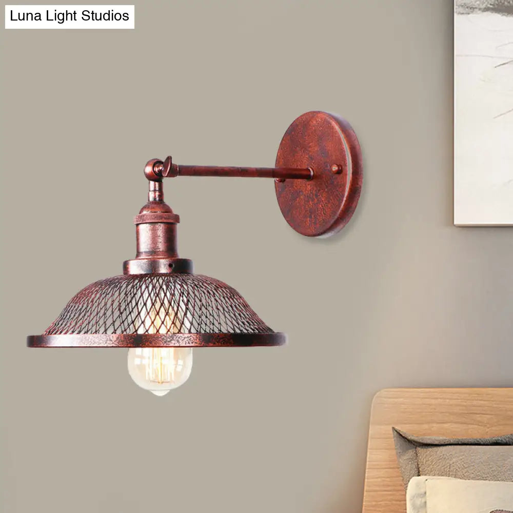 Retro Style Flared Restaurant Sconce: Mesh Shade Wrought Iron Wall Lamp (1 Bulb) In Black/Rust