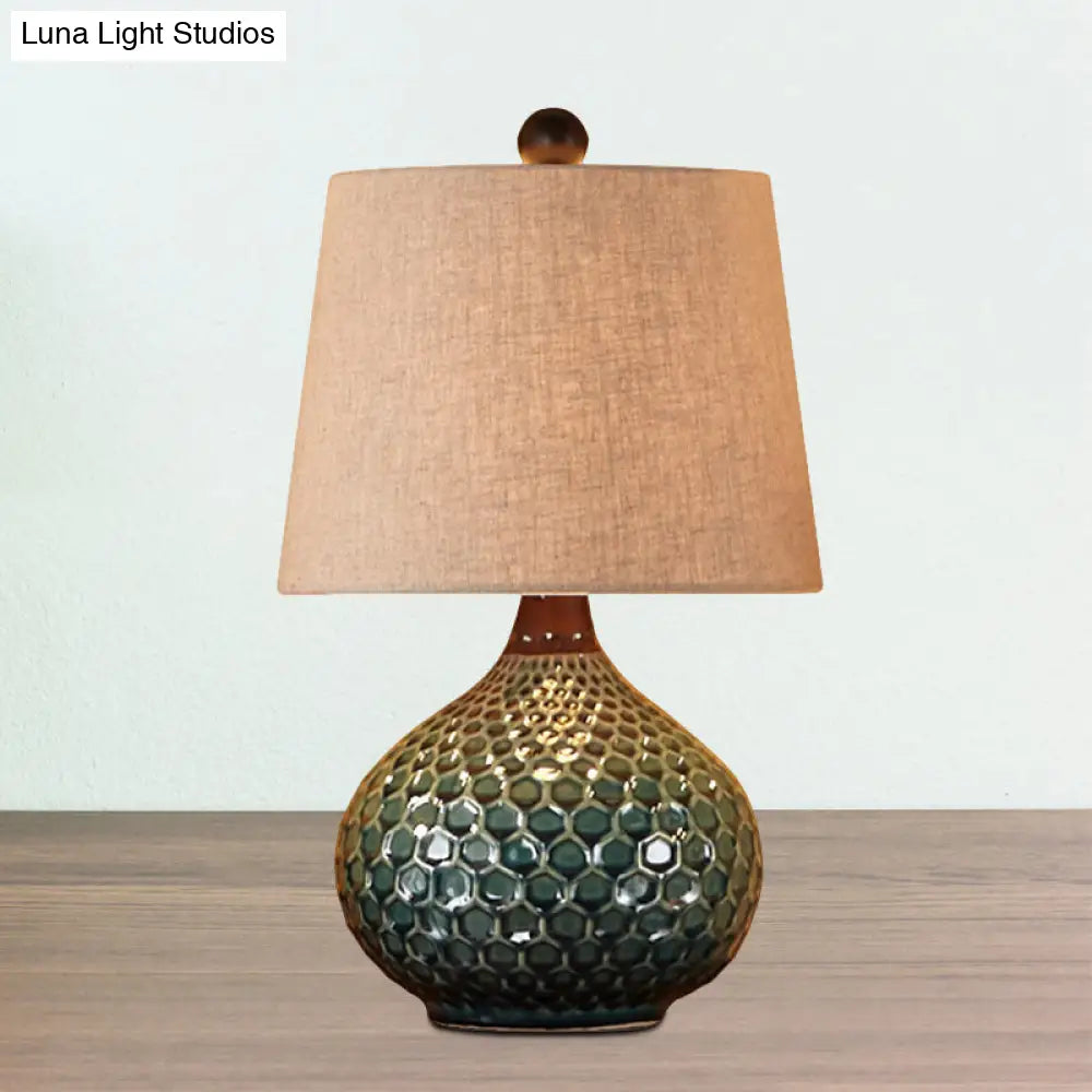Retro Tapered Drum Fabric Night Lamp - 1-Light Living Room Table Light In White/Coffee With Onion