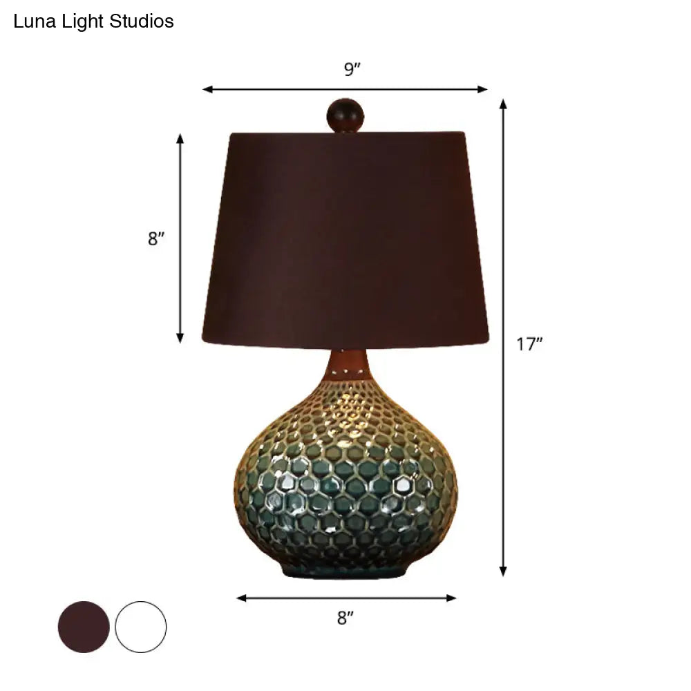 Retro Tapered Drum Fabric Night Lamp - 1-Light Living Room Table Light In White/Coffee With Onion