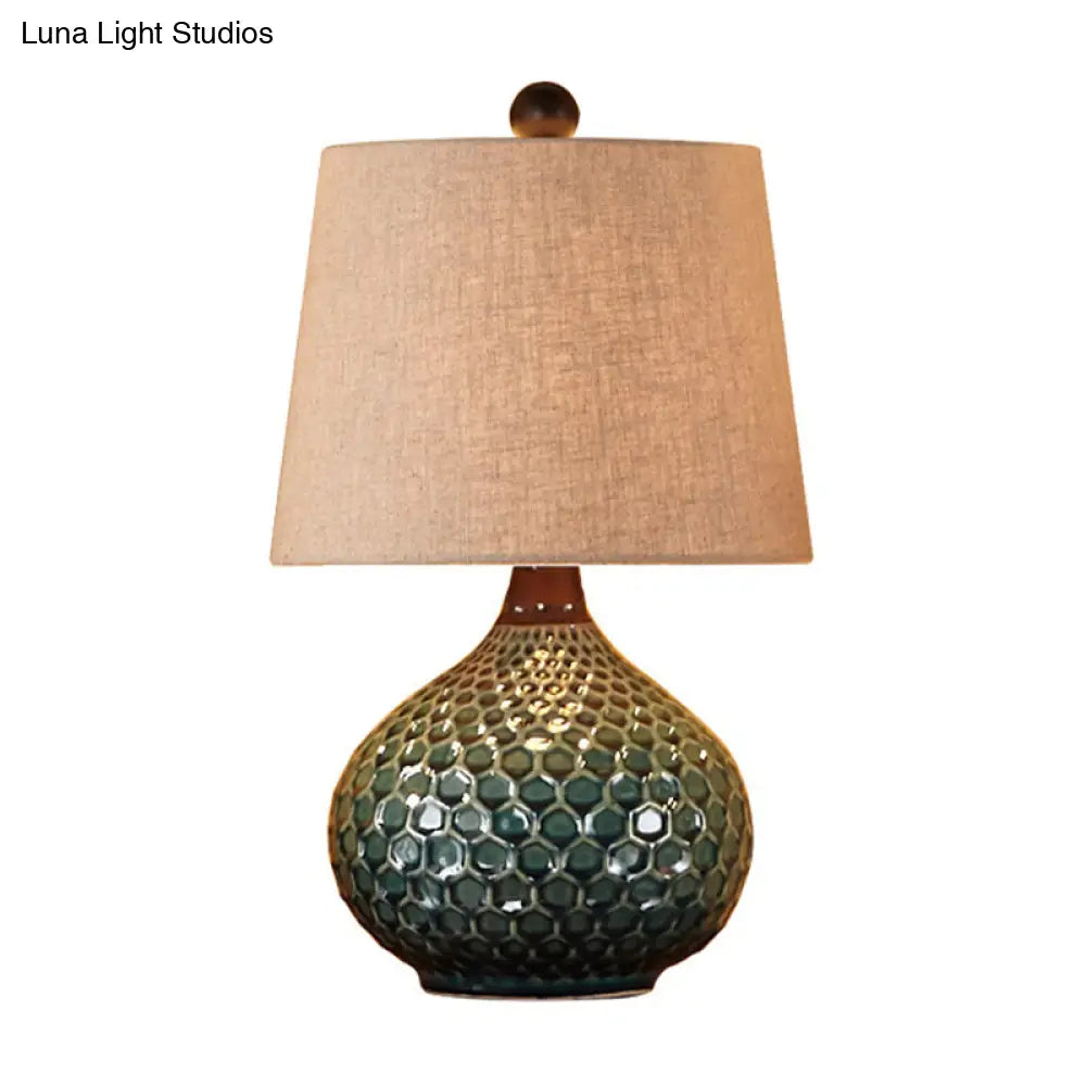 Retro Tapered Drum Fabric Night Lamp - 1-Light Living Room Table Light In White/Coffee With Onion
