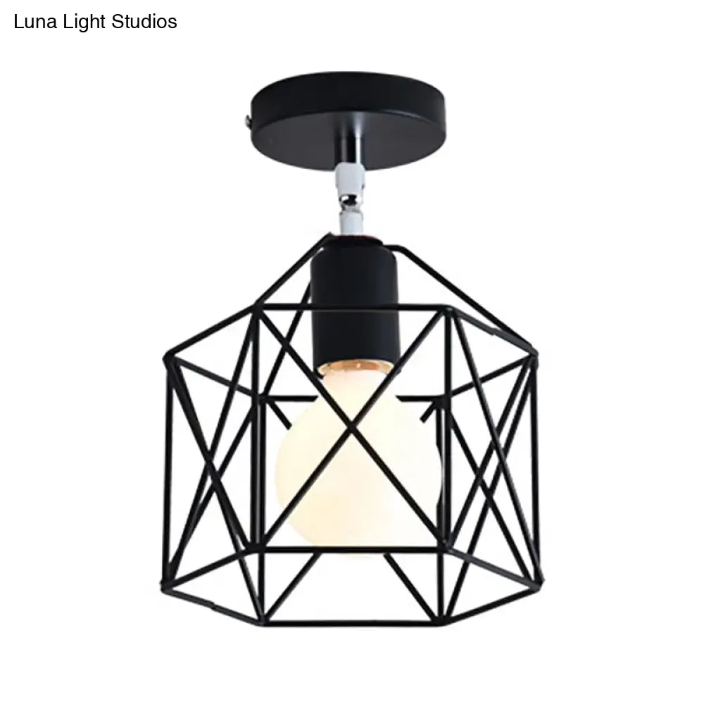 Retro Vintage Metal Cylinder/Drum Cage Semi-Flush Ceiling Light - Black Semi Flush Fixture With