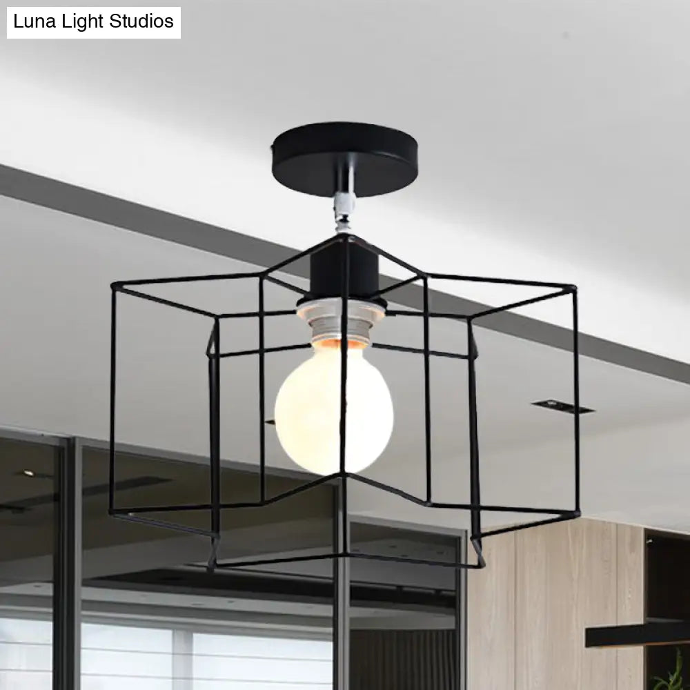 Retro Vintage Metal Cylinder/Drum Cage Semi-Flush Ceiling Light - Black Semi Flush Fixture With