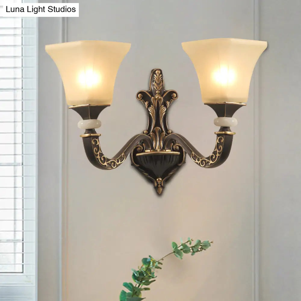 Retro Wall Mounted Light Fixture With Black 1/2-Bulb Milky Glass Flared Shade