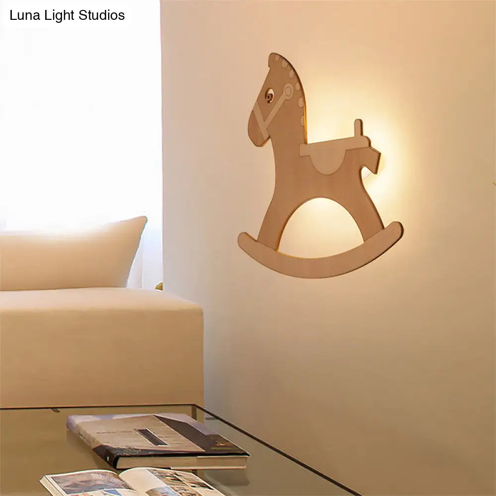 Rocking Horse Sconce: Kids Led Wall Lamp Beige Wooden Creative Light For Living Room
