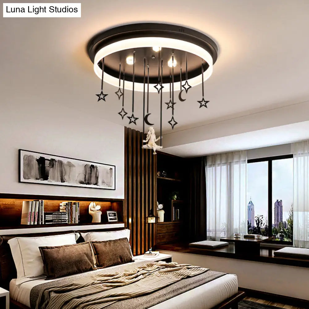 Romantic Black Circle Flush Ceiling Light With Star And Fairy Acrylic Led Lamp - Ideal For Boutiques