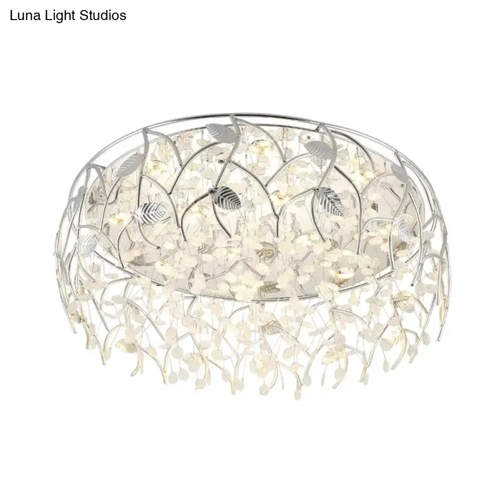 Romantic Chrome Flush Mount Light With Leaf & Crystal Bead Ceiling Fixture For Bedroom