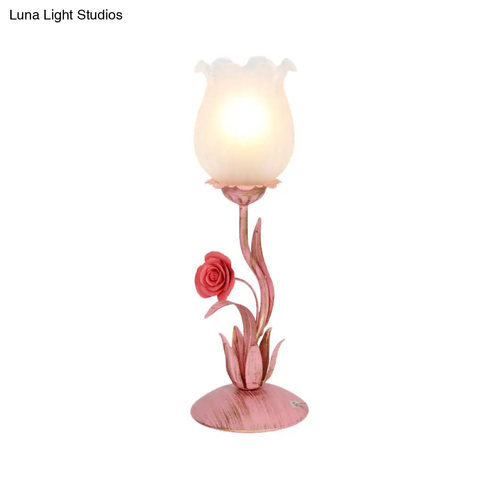 Romantic Pastoral Blue/Pink Metal Nightstand Lamp For Living Room - Bulb Blossom Table Lighting
