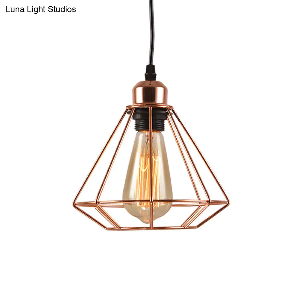 Rose Gold Iron Diamond Cage Pendant Lamp - Industrial Ceiling Light With 1-Bulb