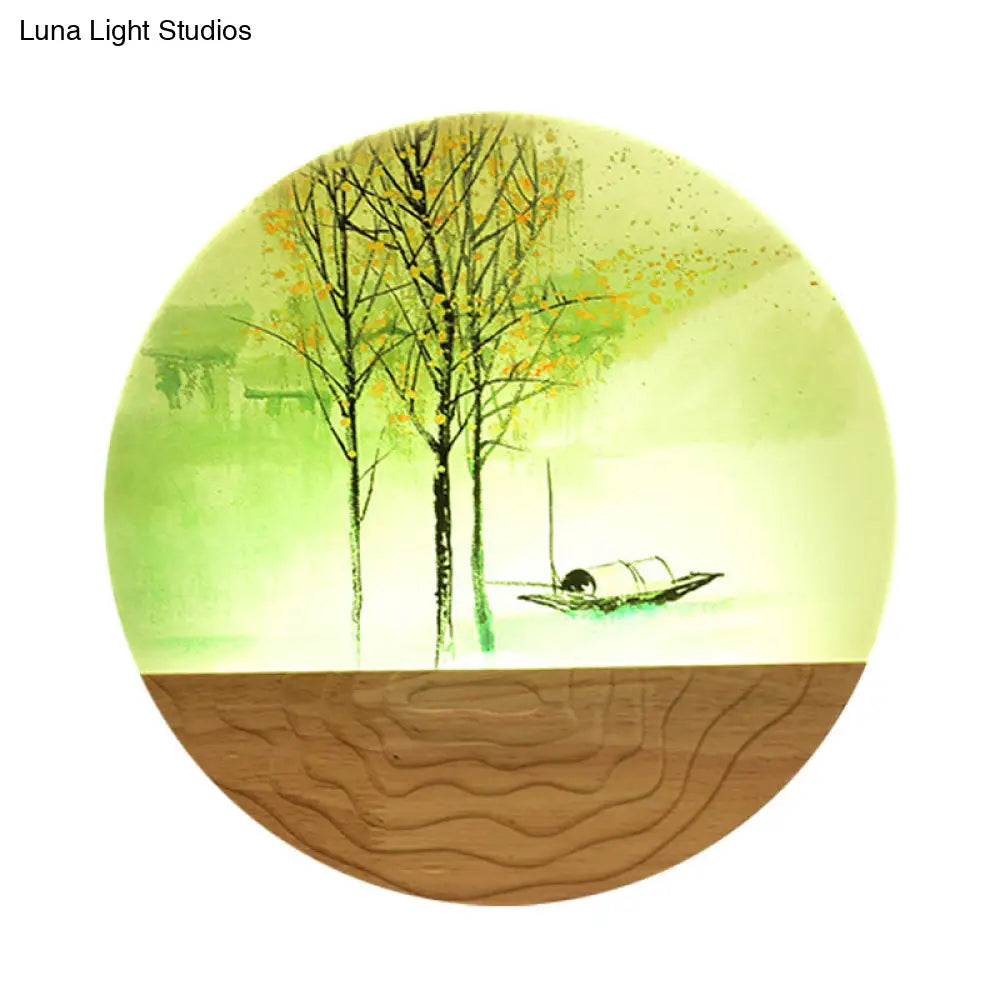 Round Metal Wall Mural Light 9.5/11 Wide Asia Style Led Wood Mounted Lighting With Boat And Tree