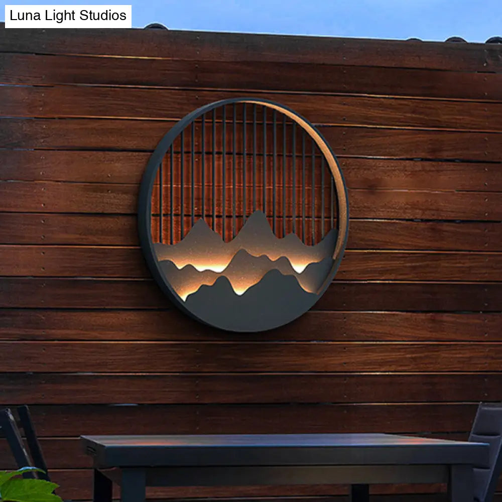 Round Mountain Wall Sconce - Asian Style Metallic Led Black Mount Lighting Fixture