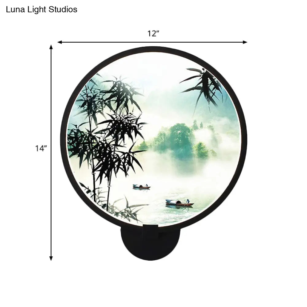 Rounded Natural Scenery Mural Acrylic Led Wall Mounted Light In Black - Asia Style