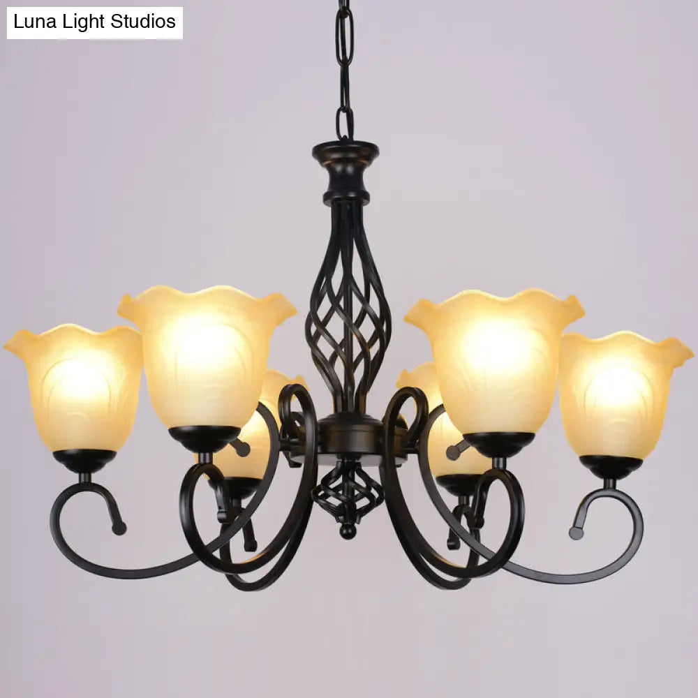 Ruffle Glass Floral Shade Chandelier For Classic Living Room Décor - Pendant Light With Scroll Arm