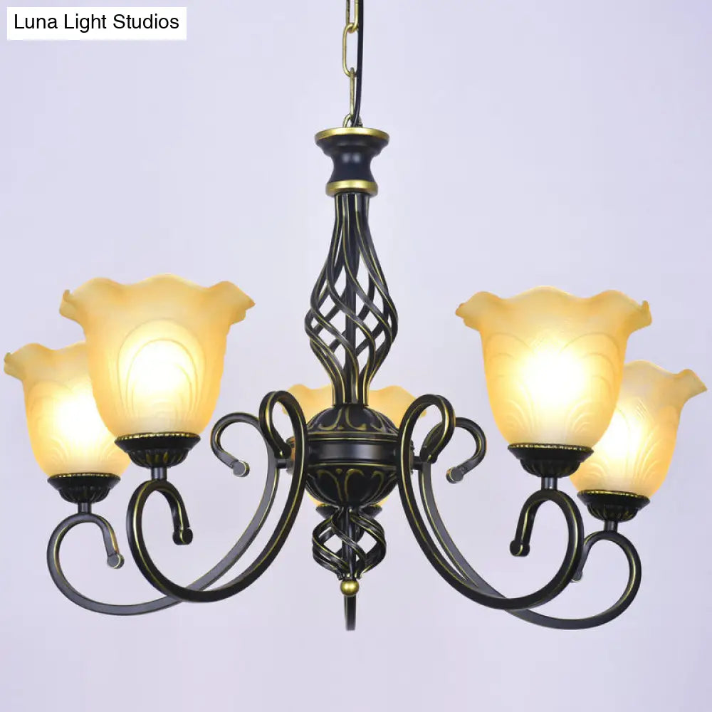 Ruffle Glass Floral Shade Chandelier For Classic Living Room Décor - Pendant Light With Scroll Arm