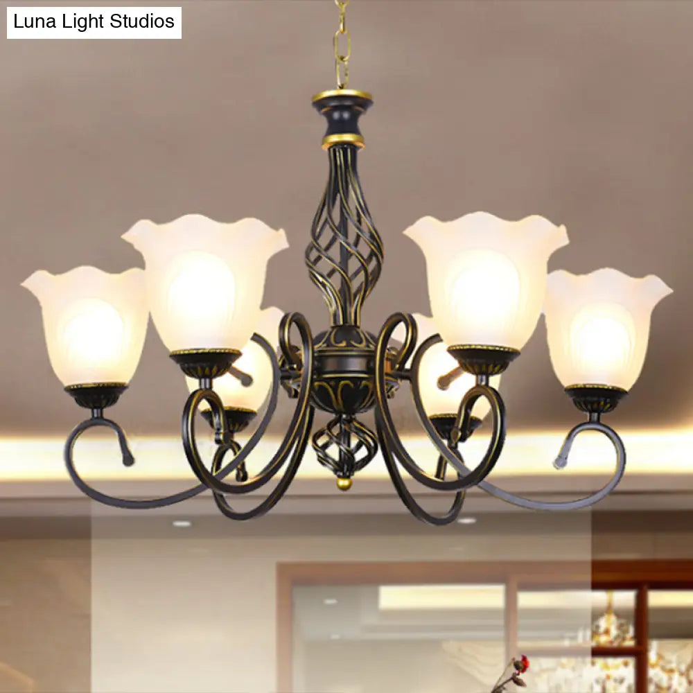 Ruffle Glass Floral Shade Chandelier For Classic Living Room Décor - Pendant Light With Scroll Arm