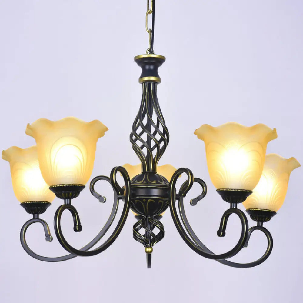 Ruffle Glass Floral Shade Chandelier For Classic Living Room Décor - Pendant Light With Scroll Arm 5