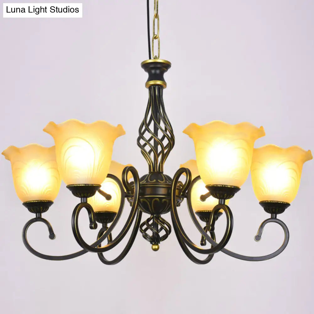 Ruffle Glass Floral Shade Chandelier For Classic Living Room Décor - Pendant Light With Scroll Arm