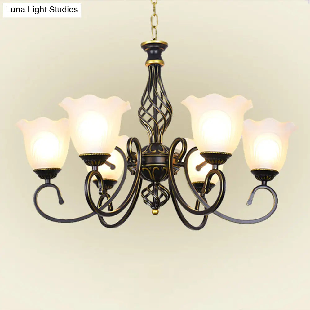 Ruffle Glass Floral Shade Chandelier For Classic Living Room Décor - Pendant Light With Scroll Arm