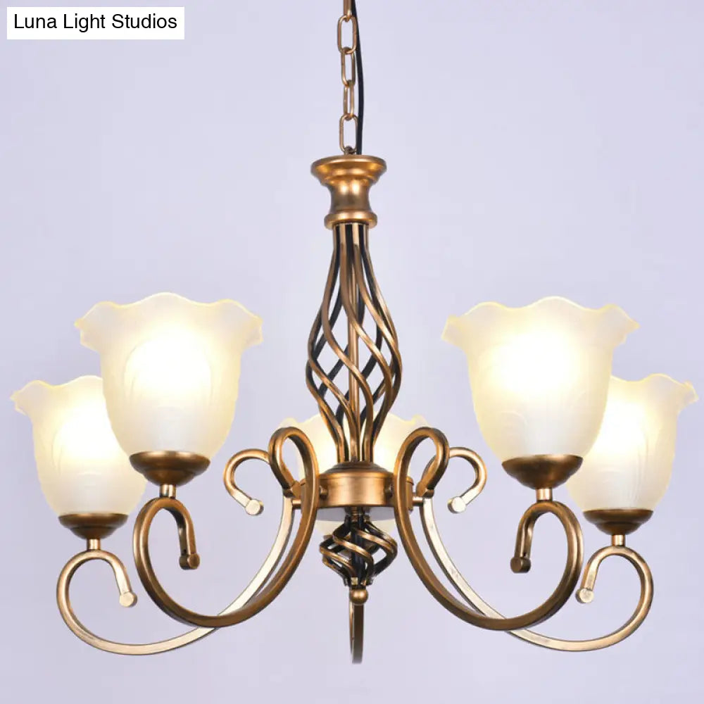 Ruffle Glass Floral Shade Chandelier For Classic Living Room Décor - Pendant Light With Scroll Arm