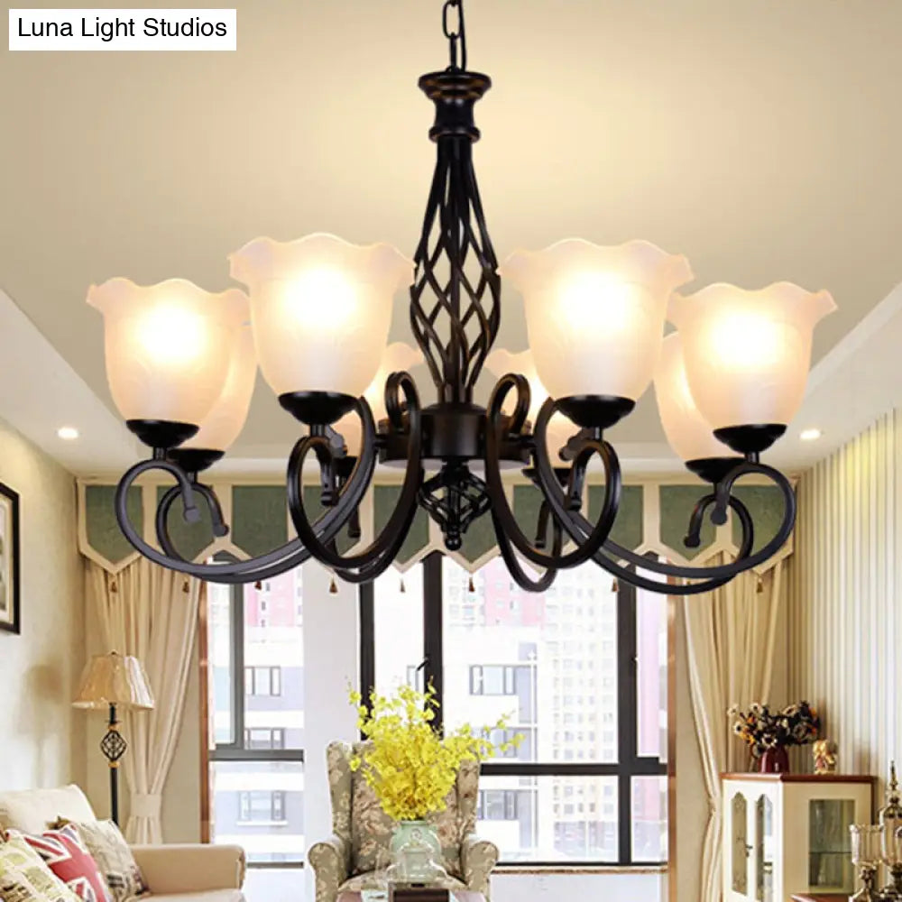 Ruffle Glass Floral Shade Chandelier For Classic Living Room Décor - Pendant Light With Scroll Arm
