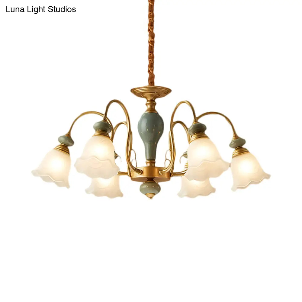 Rural Frosted Glass Green Flower Pendant Light With 3/5/6 Bulbs - Chandelier For Guest Rooms