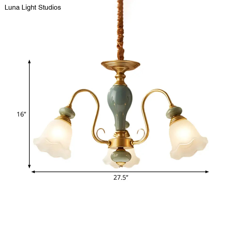 Rural Frosted Glass Green Flower Pendant Light With 3/5/6 Bulbs - Chandelier For Guest Rooms