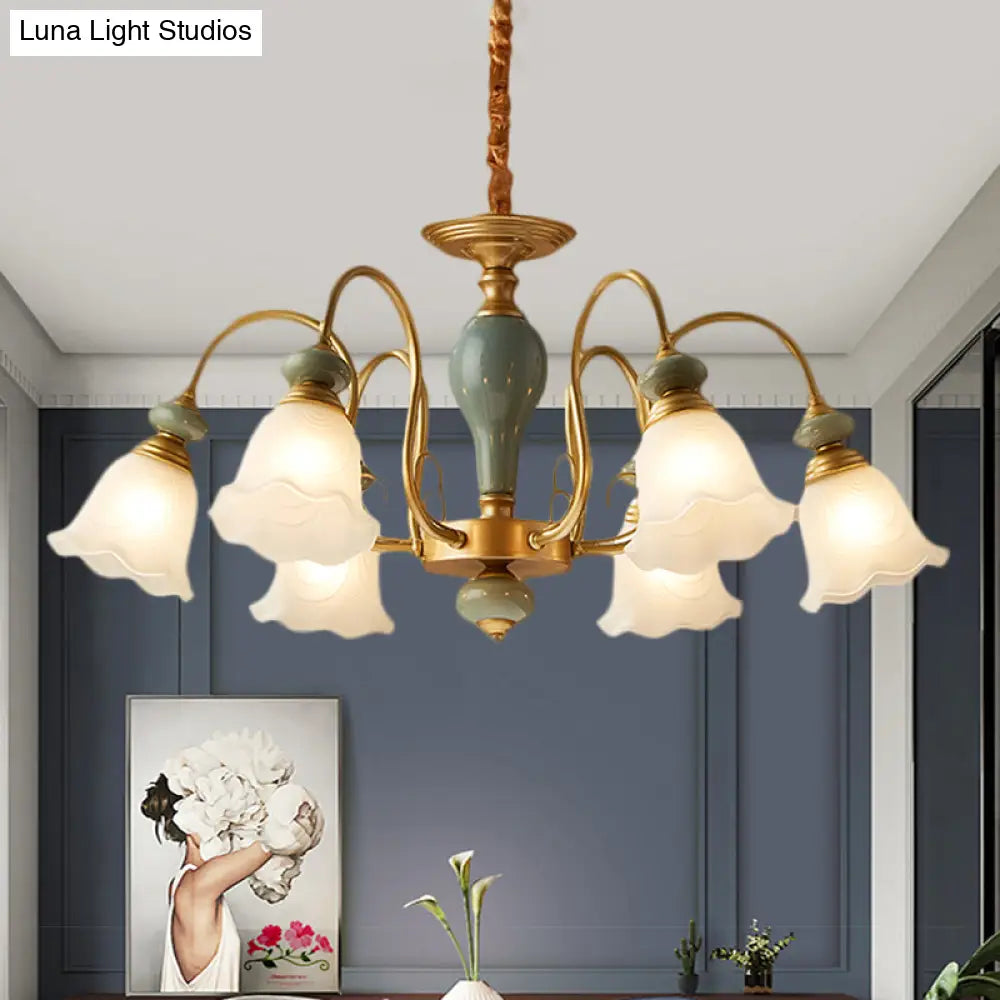 Rural Frosted Glass Green Flower Pendant Light With 3/5/6 Bulbs - Chandelier For Guest Rooms