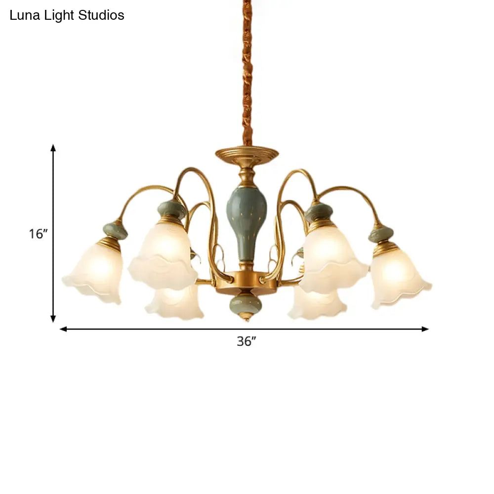 Rural Frosted Glass Green Flower Pendant Light With 3/5/6 Bulbs - Chandelier For Guest Rooms