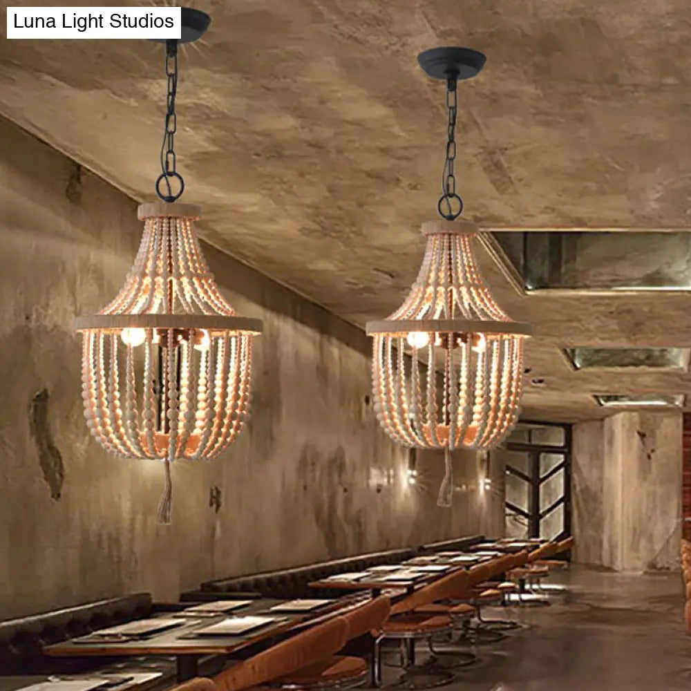 Rustic 2-Head Wood Pendant Chandelier: Handcrafted Beaded Basket Lamp For Restaurants