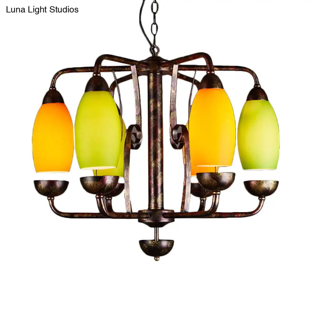 Rustic 6-Light Chandelier With Orange And Green Glass Shades - Perfect Bar Pendant Lamp