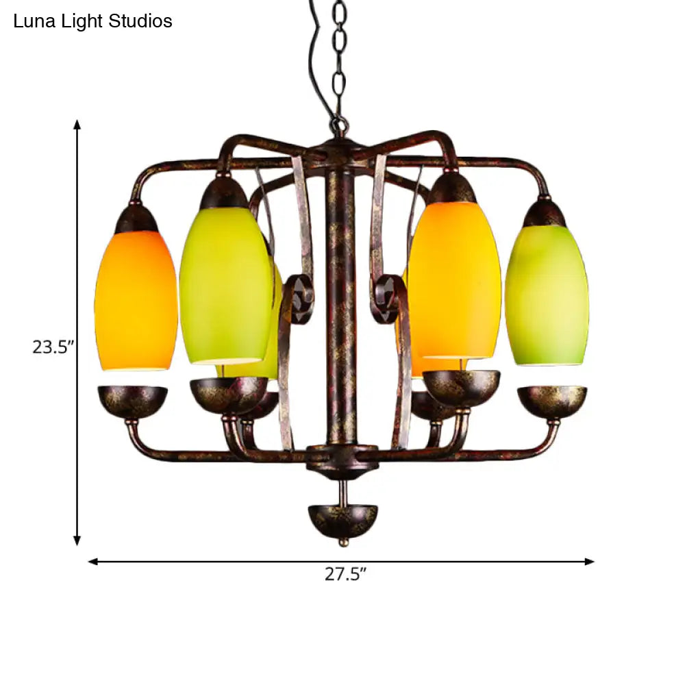 Rustic 6-Light Chandelier With Orange And Green Glass Shades - Perfect Bar Pendant Lamp