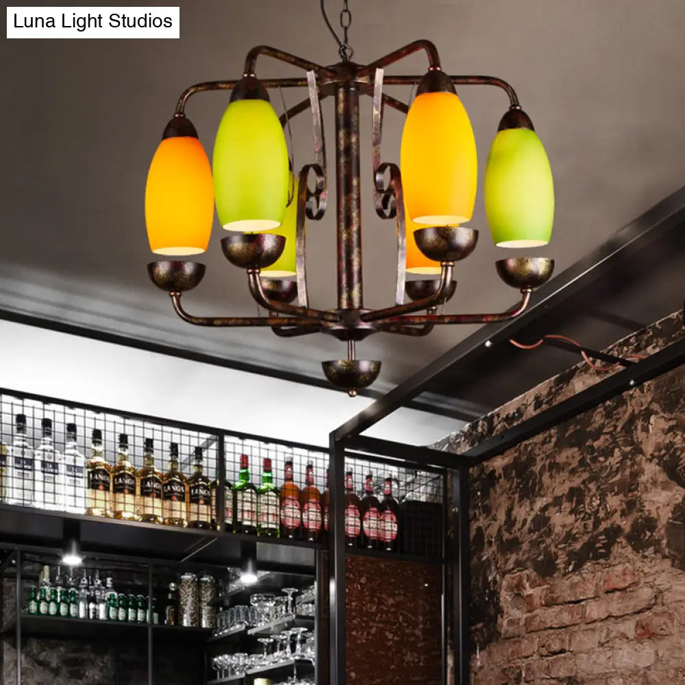 Rustic 6-Light Chandelier With Orange And Green Glass Shades - Perfect Bar Pendant Lamp