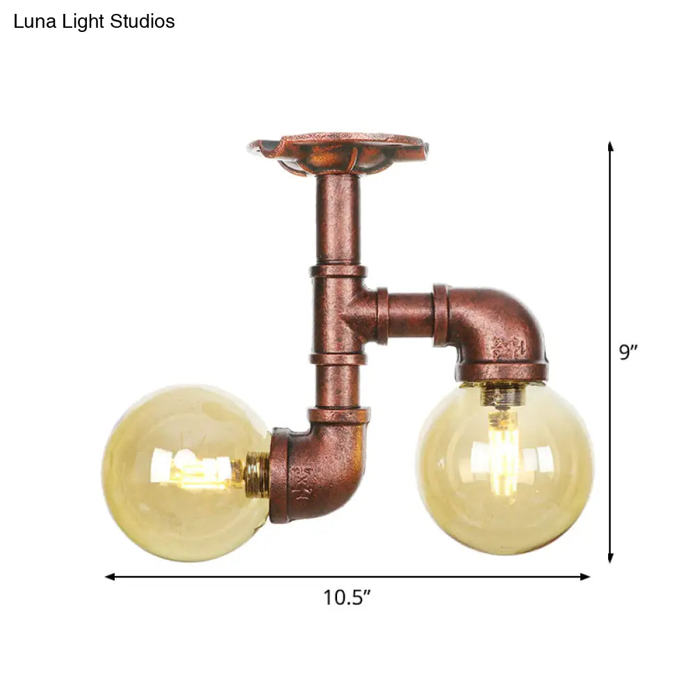 Rustic Amber Glass Semi Flush Light Fixture For Restaurants: Orb Design 2 Copper Lights