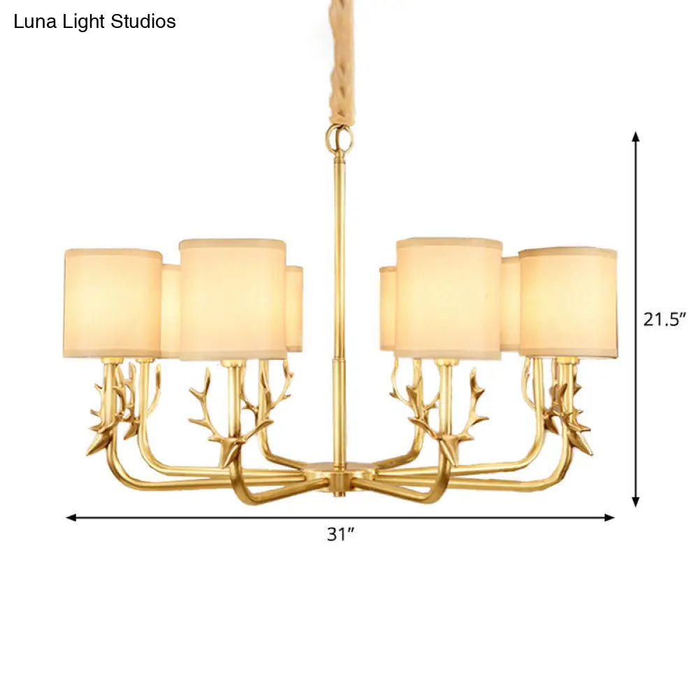 Rustic Antler Ceiling Light With Cylindrical Fabric Shade - Gold Finish 3/6/8 Bulbs