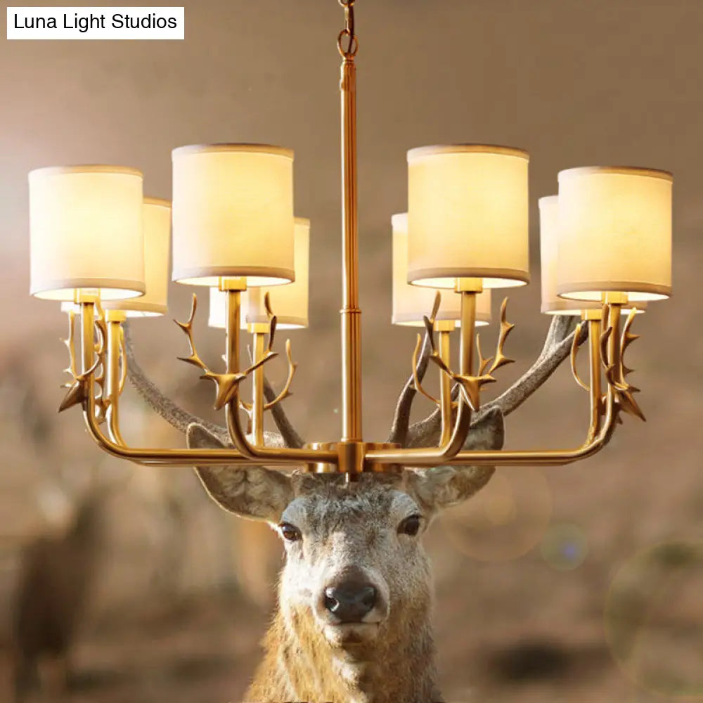 Rustic Antler Ceiling Light With Cylindrical Fabric Shade - Gold Finish 3/6/8 Bulbs