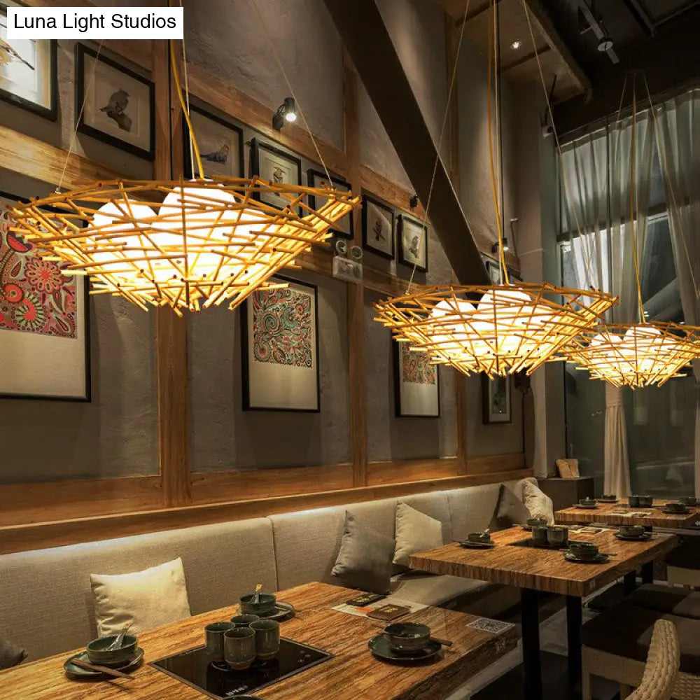 Rustic Bamboo Nest Pendant Light: Beige Chandelier With 3-Bulb Egg Ivory Glass Shade