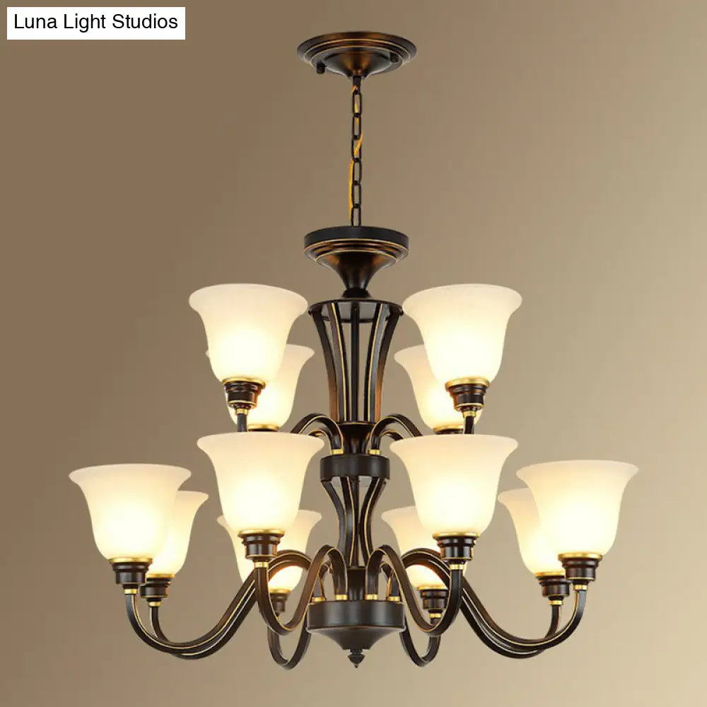 Rustic Bell Shaped Suspension Light Chandelier - Cream Glass Perfect For Dining Room