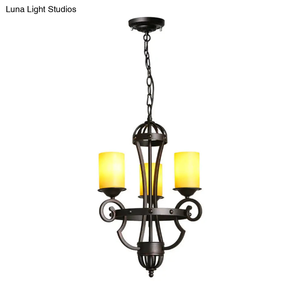 Rustic Black Dining Room Chandelier With Yellow Cylinder Glass Shade - 3-Lights Hanging Fixture