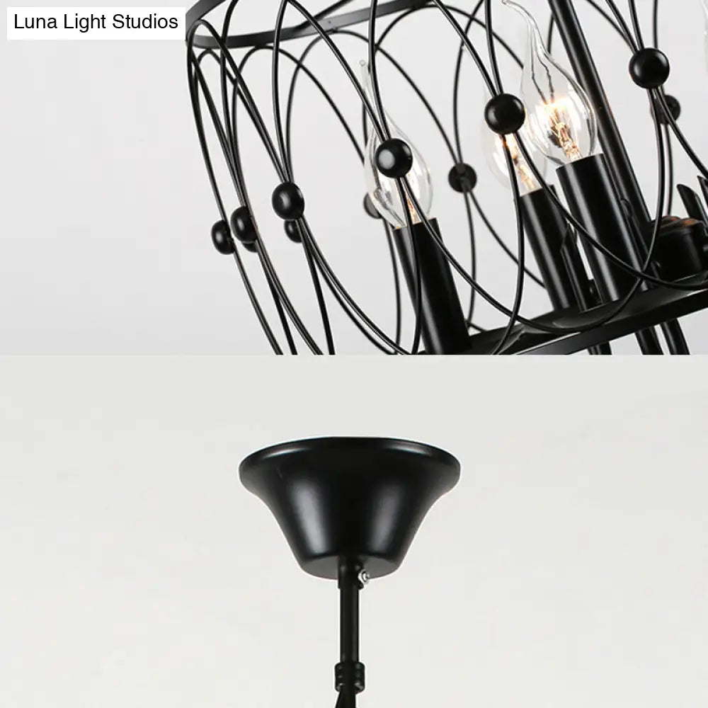 Rustic Black Drum Chandelier - 6-Head Metal Pendant Ceiling Light For Living Room Candle Design