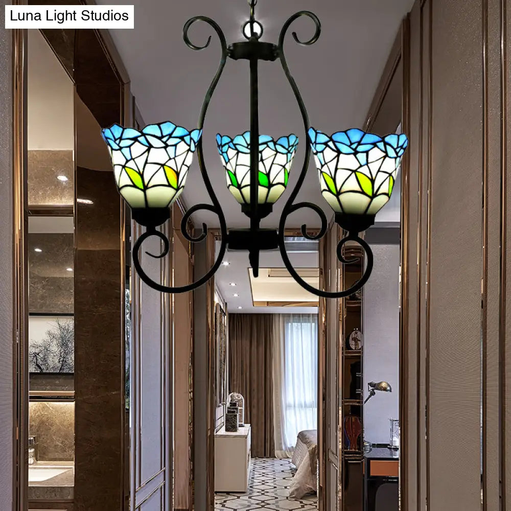 Rustic Blue Stained Glass Chandelier With Flared Pendant Lighting – Perfect For Living Room