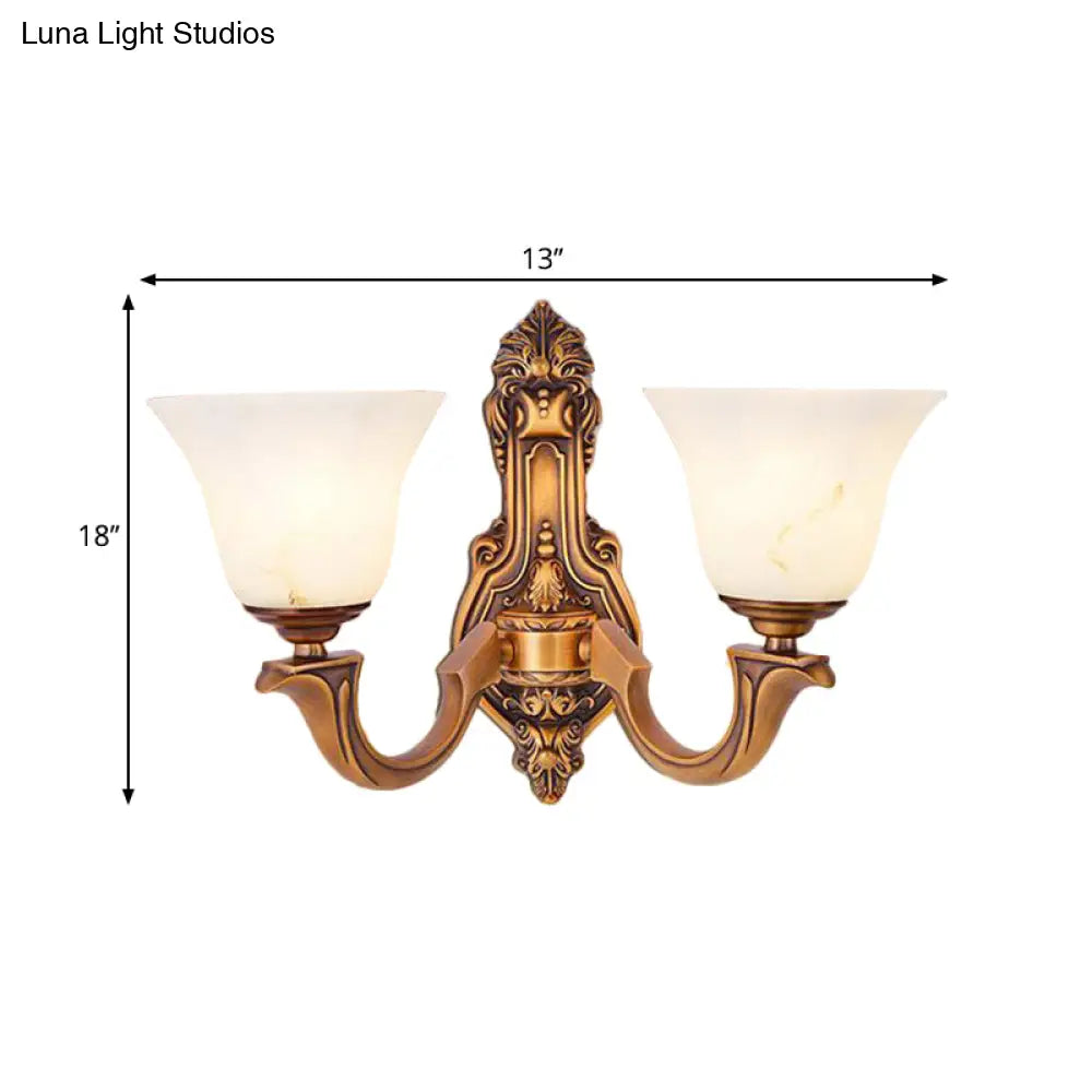 Rustic Brass Bedroom Wall Sconce With Frosted Glass Shade - 2 Light Bell Lamp