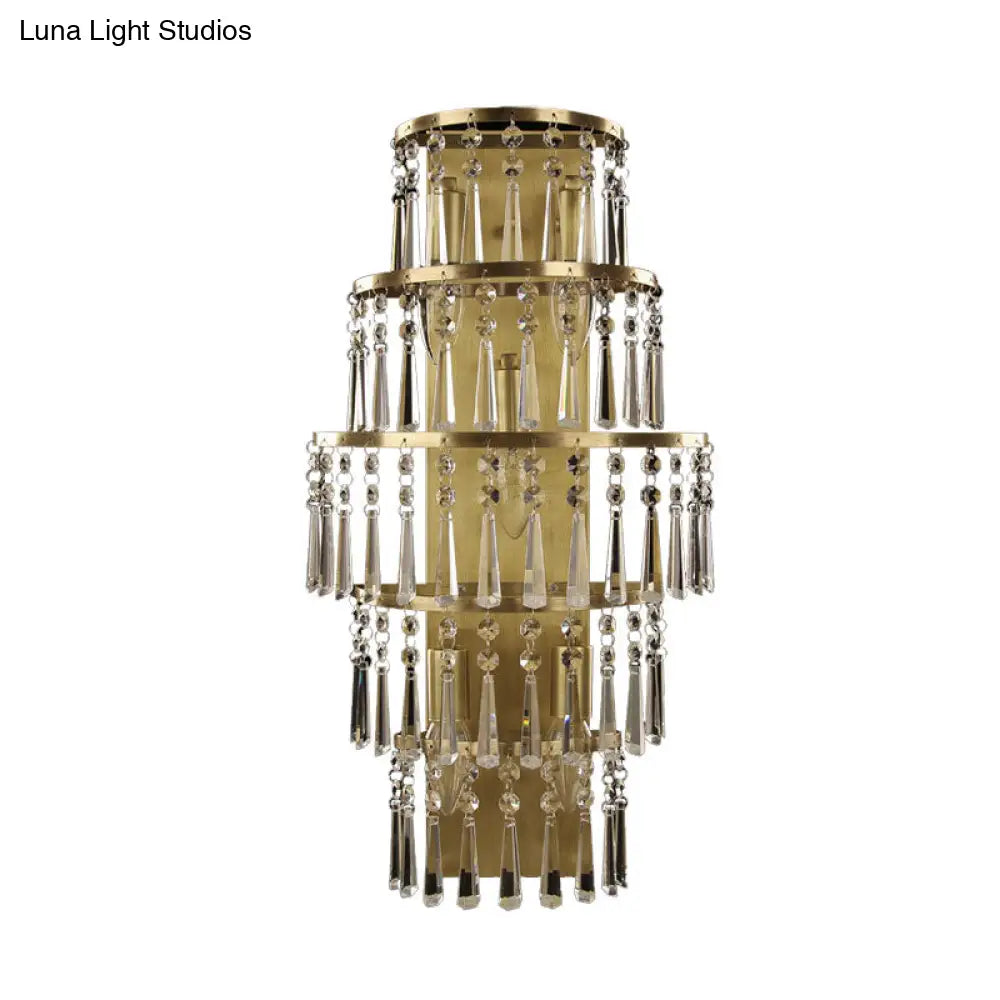Rustic Brass Crystal Chain Wall Mounted Light Fixture - Tiered Lighting Idea With 5 Bulbs