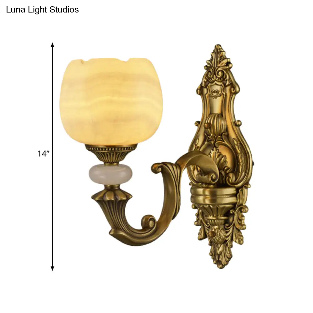 Rustic Brass Finish 1-Head Wall Sconce With Arched Arm - Flower Mount Lighting
