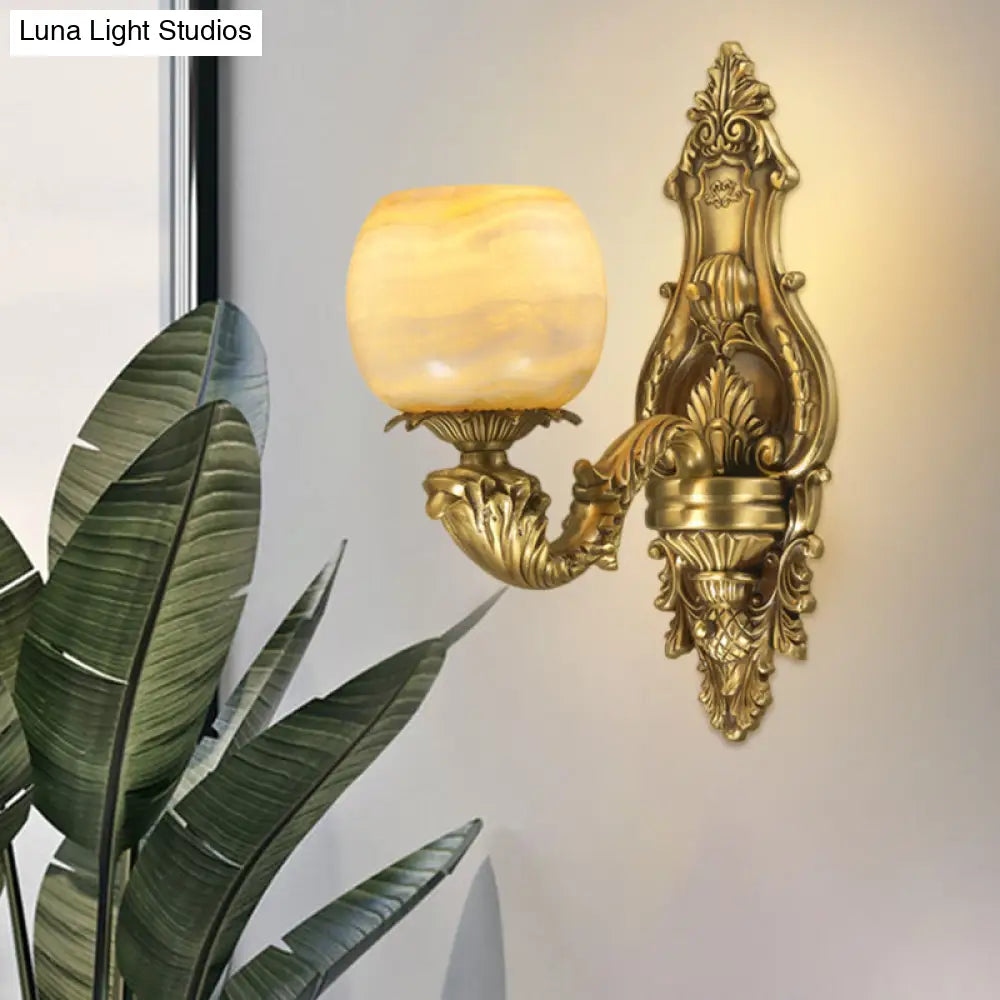 Rustic Brass Finish 1-Head Wall Sconce With Arched Arm - Flower Mount Lighting