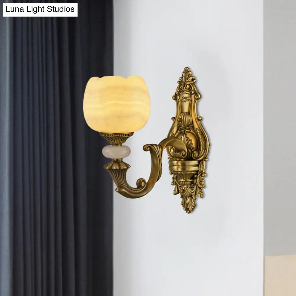Rustic Brass Finish 1-Head Wall Sconce With Arched Arm - Flower Mount Lighting