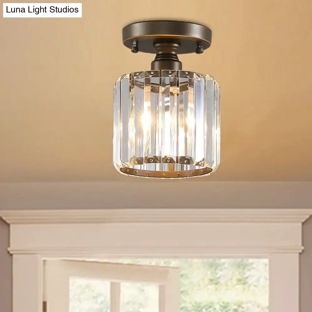 Rustic Brass Semi Flush Mount Ceiling Light With Crystal Shade